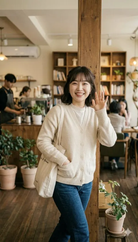 Cheerful Woman Waving in Cafe