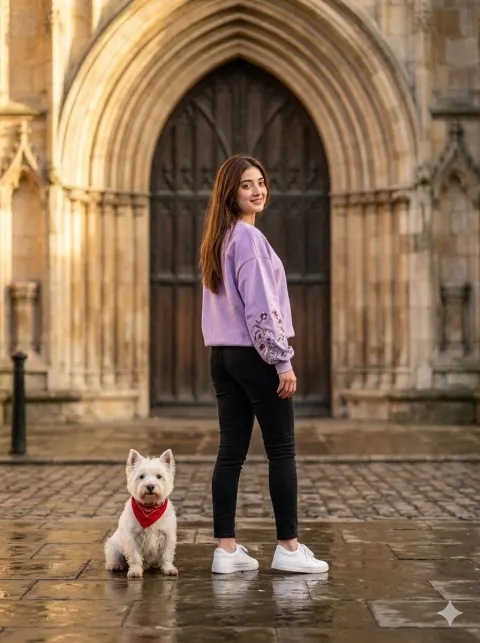 Stylish Woman Golden Hour Cobblestone Portrait