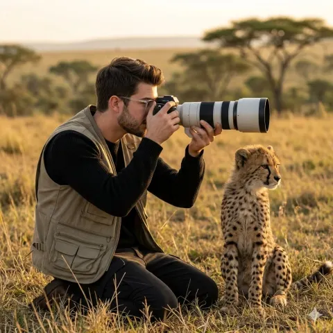 Photographer and Cheetah in Golden Light