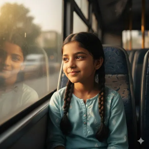 Indian Girl By Bus Window Sunlight
