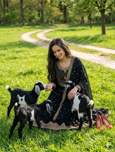Woman in Black Dress with Goats