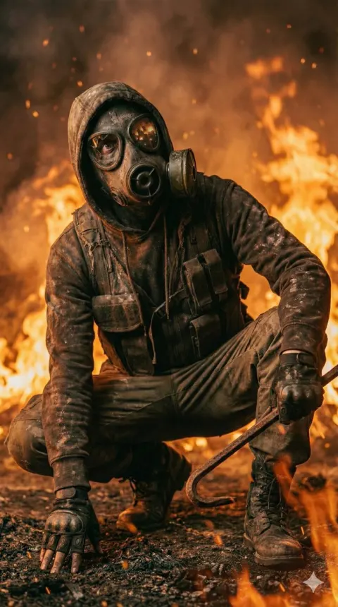 Post-Apocalyptic Survivor on Burning Battlefield