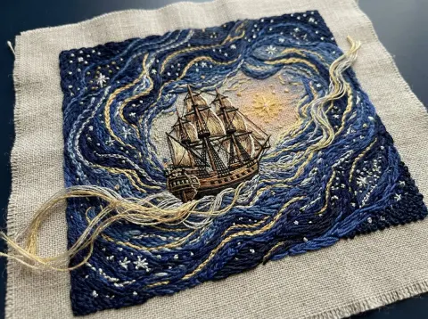 Nebula Sailing Ship Embroidery Art