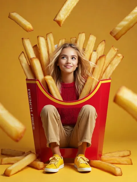 Girl in Giant Fry Box