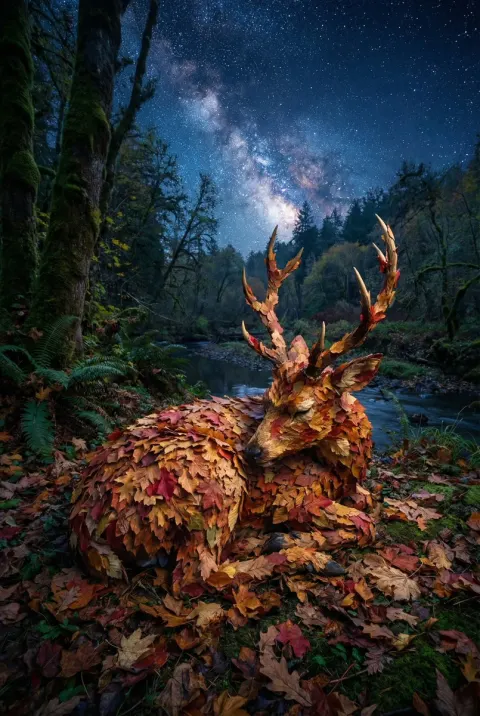 Autumn Leaf Deer Under Starry Sky