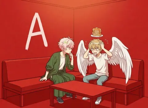 Character Sitting In Red Room