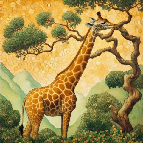 Giraffe Nibbling Leaves in Klimt Style