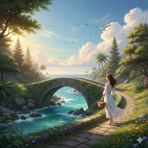 Girl by Ancient Bridge Seaside