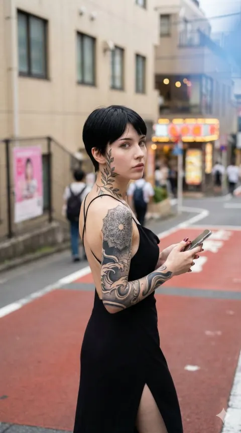 Tattooed Woman On Japanese Street Portrait