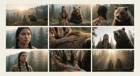 Girl Beside Calm Bear In Forest