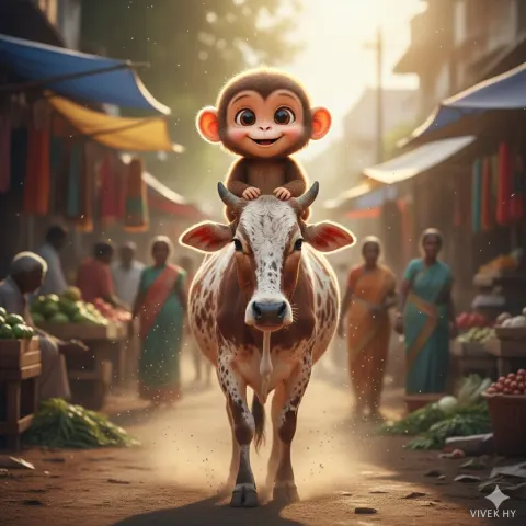 Cute Cartoon Monkey Riding A Cow