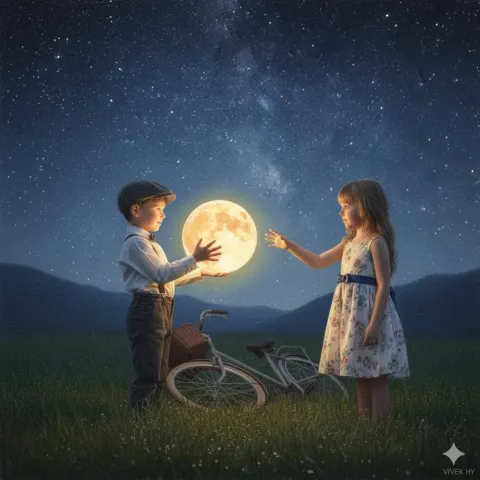 Kids Holding Glowing Moon Fantasy