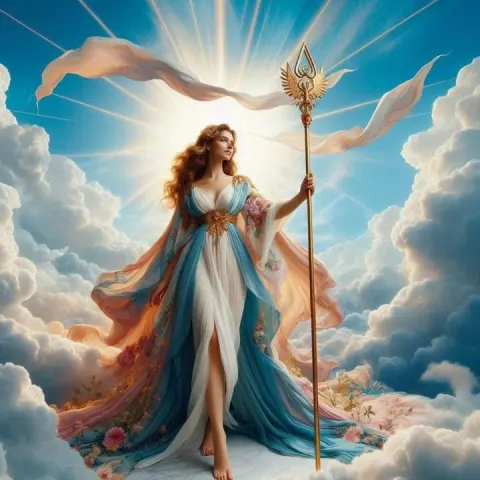 Elegant Goddess in Heavenly Clouds Scene