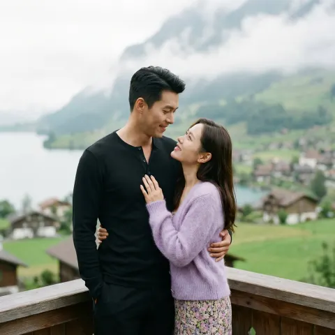 Romantic Couple Embrace by Swiss Lake