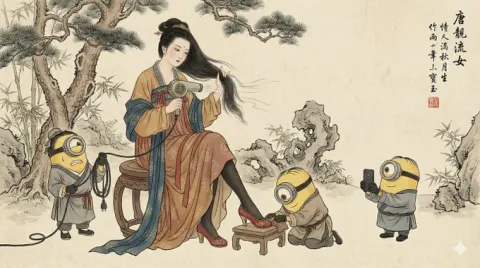 Traditional color ink painting with modern cartoon characters