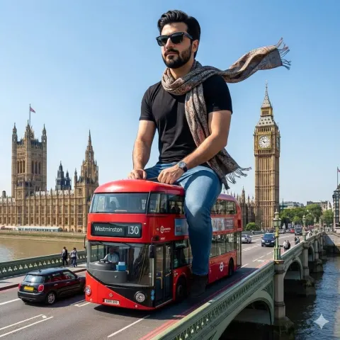 Giant Man Riding Miniature London Bus