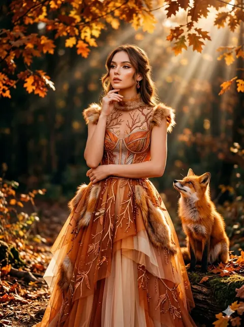 Cinematic Fox Couture Autumn Fashion Portrait
