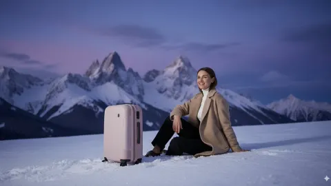 Pink Suitcase Snow Mountain Editorial