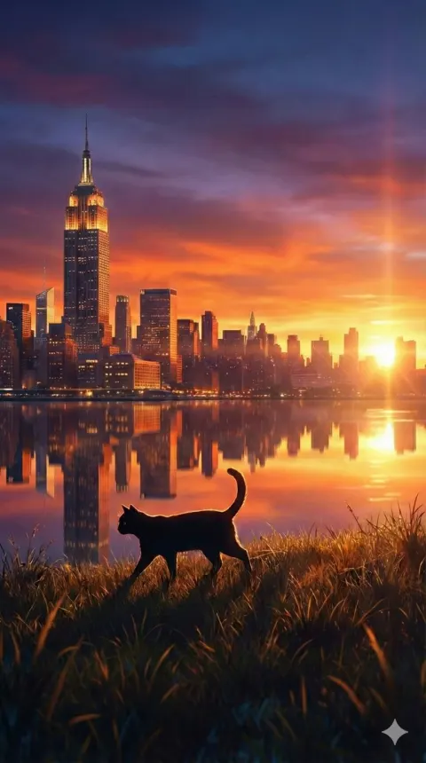 Cat Silhouette at Dusk City Lake