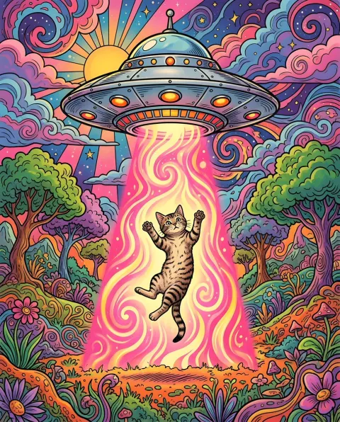 Retro Cat UFO Abduction Art