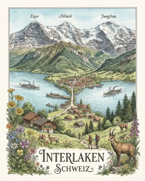 Swiss Interlaken Lake Illustration