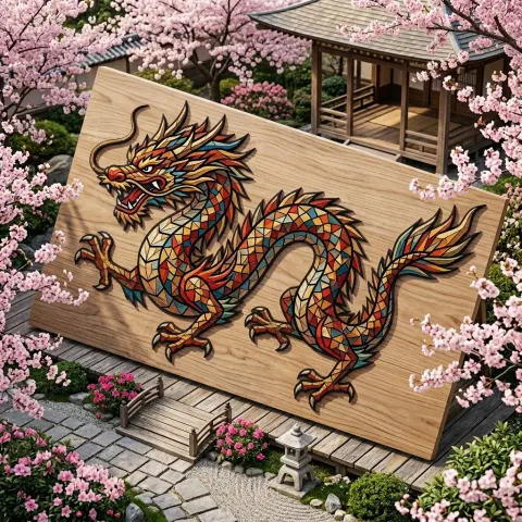 Colorful Wood Dragon Mosaic Art