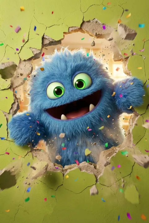 Fluffy Blue Monster Bursts Wall