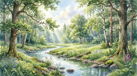 Forest Stream Watercolor Light