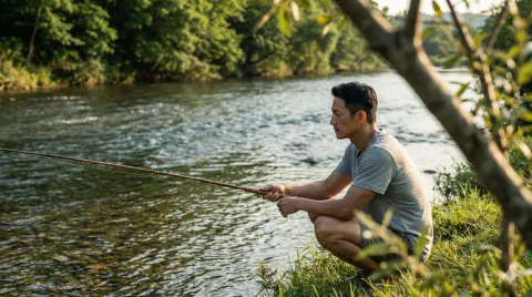 Golden Hour River Fishing Solitude