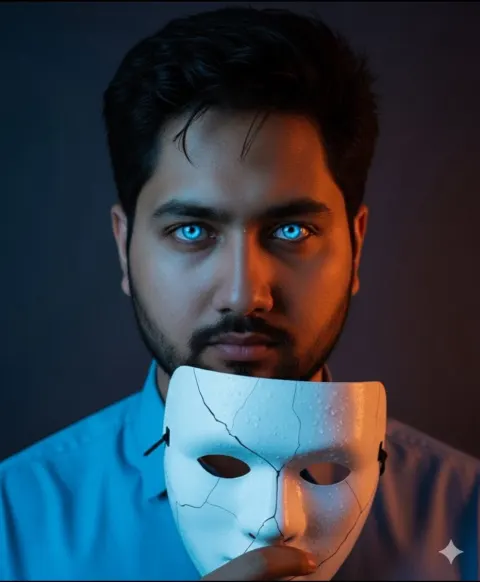 Glowing Eyes Behind Cracked Mask