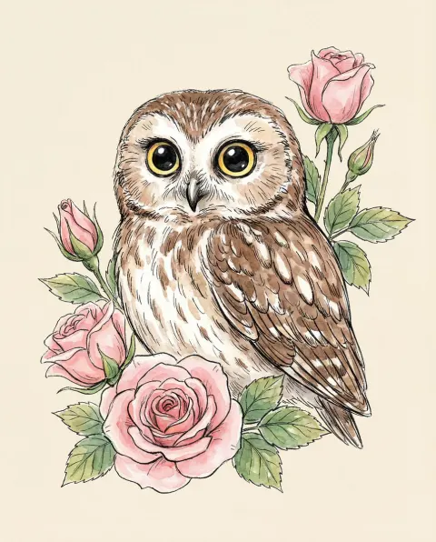 Whimsical Owl with Pink Roses