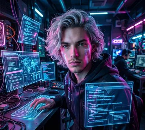 Cyberpunk Silver Haired Man Neon Room