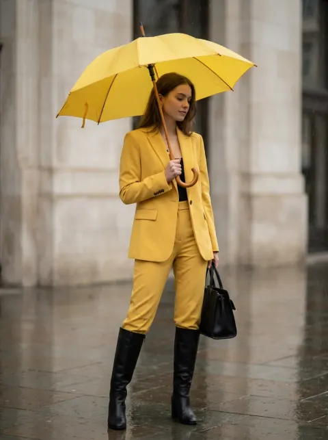 Cinematic Yellow Suit Rain Fashion Editorial