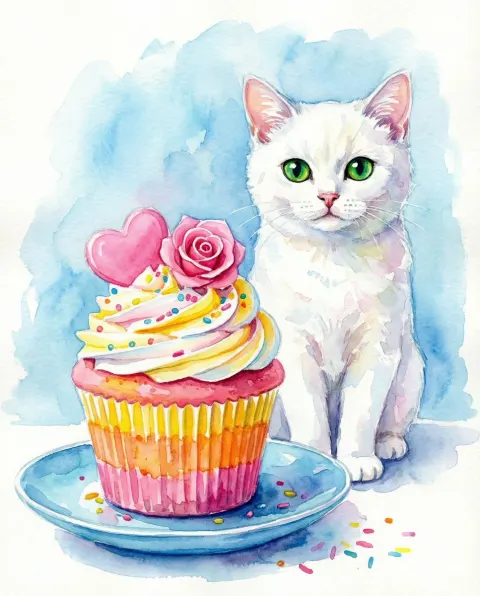 White Cat and Colorful Watercolor Cupcake