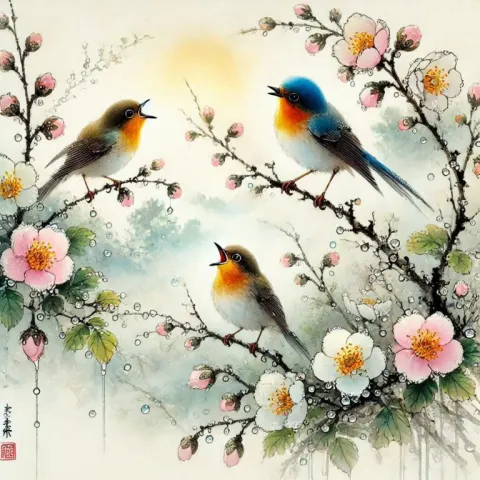 Spring Morning with Singing Birds Ink Art