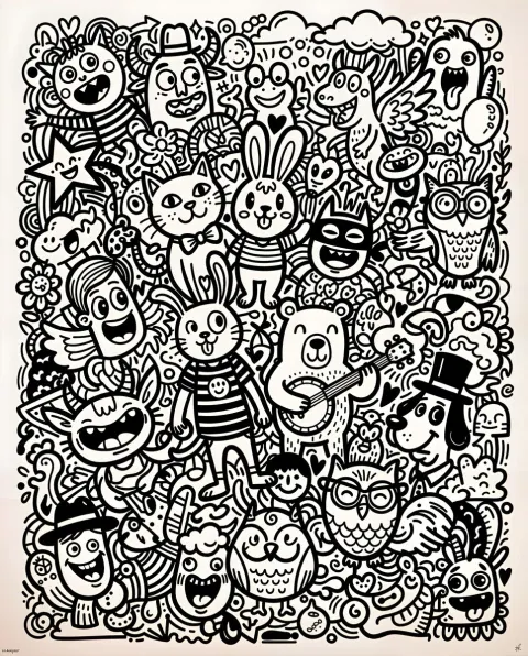 Whimsical Black White Doodle Art