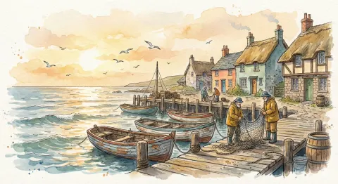 Fantasy Watercolor Seaside Harbor Village