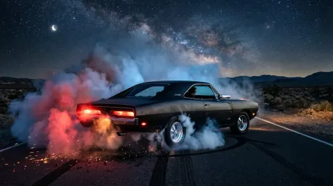 Muscle Car Burnout in Mojave Night
