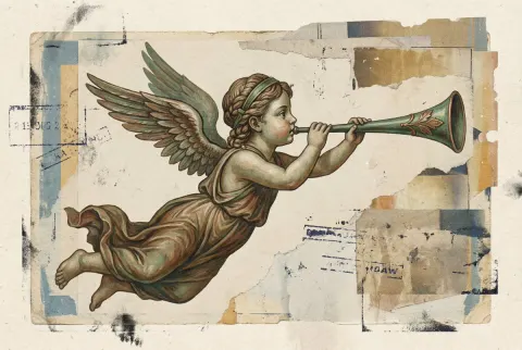 Antique Angel Blowing Horn Painting