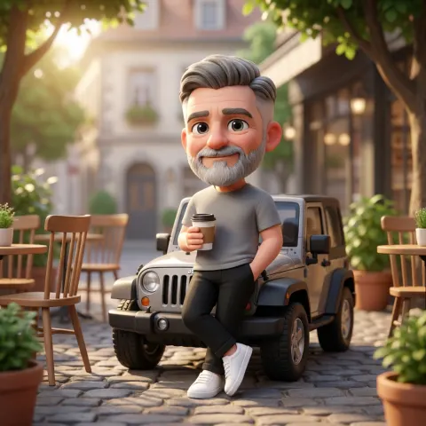 Cute 3D Chibi Character with Jeep