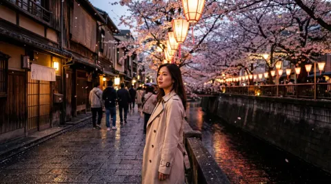 Young Woman by Lantern-Lit Canal