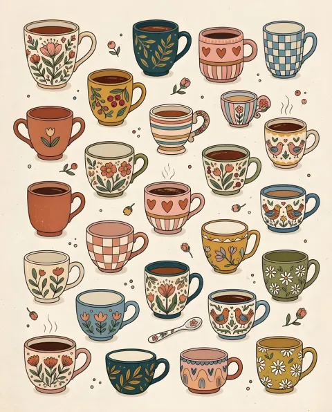 Whimsical Hand Drawn Teacups Illustration