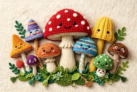 Whimsical Cartoon Mushroom Gathering