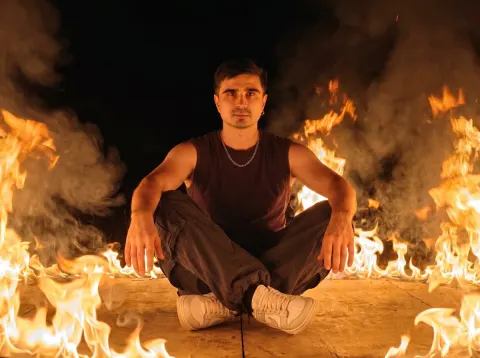 Calm Portrait Amid Roaring Flames