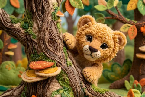 Lion Cub Peeking from Tree
