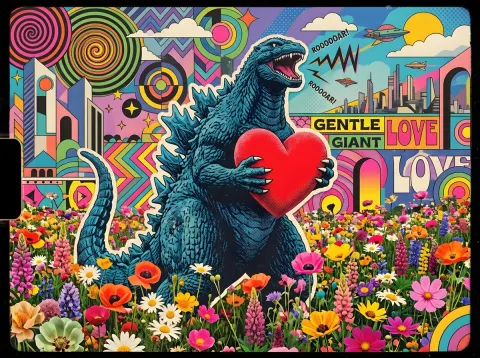 Whimsical Godzilla Holding A Red Heart