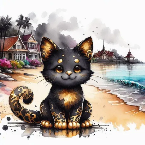 Cute Cat on Beachfront in Watercolor