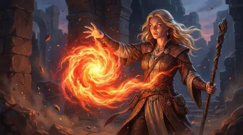 Blonde Wizard Casting Fireball Spell