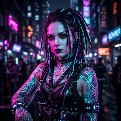 Neon Circuit Cybergoth Woman Portrait