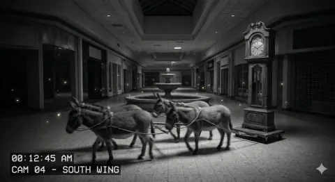 Donkeys in surveillance cam style night time
